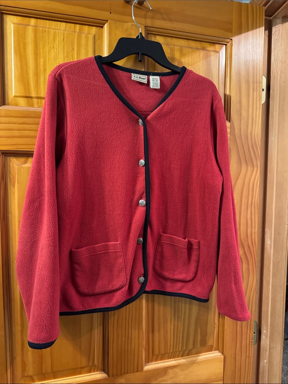 L.L. Bean Red Fleece Cardigan with Black Trim